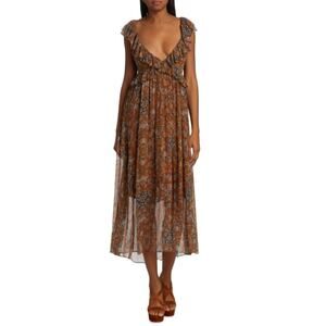 Hannah Artwear Dara Brown Medallion Print Chiffon Tie Back Midi Dress M